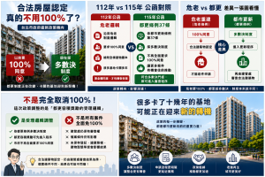 台北市都市更新政策圖解，解析「合法建築物認定」從過去要求100%同意，逐步轉向都更條例多數決制度，並比較112年與115年台北市政府公函差異，說明危老與都市更新制度不同，以及政策鬆綁後對老舊公寓都更推動的影響
